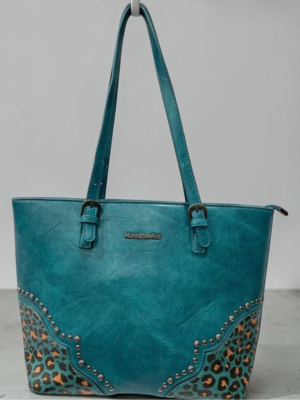 Montana West Teal Tote with Leopard Accent and Studs